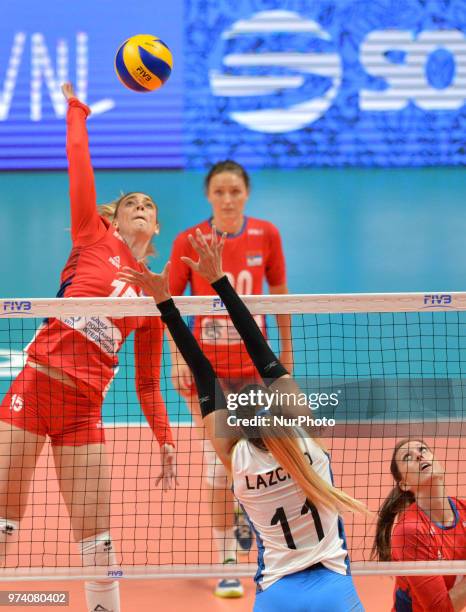 Of Serbia in action against JULIETA CONSTANZA LAZCANO of Argentina during FIVB Volleyball Nations League match between Argentina and Serbia at the...