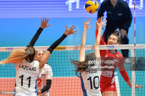 Of Serbia in action against JULIETA CONSTANZA LAZCANO and ANAHI FLORENCIA TOSI during FIVB Volleyball Nations League match between Argentina and...