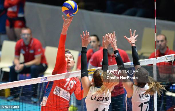 Of Serbia in action against JULIETA CONSTANZA LAZCANO and HELENA VIDAL of Argentina during FIVB Volleyball Nations League match between Argentina and...