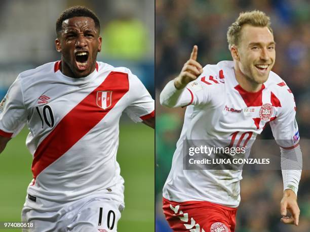 This combination of pictures created on June 14, 2018 shows Peru's Jefferson Farfan in Lima, Peru, on November 15 and Denmark's midfielder Christian...