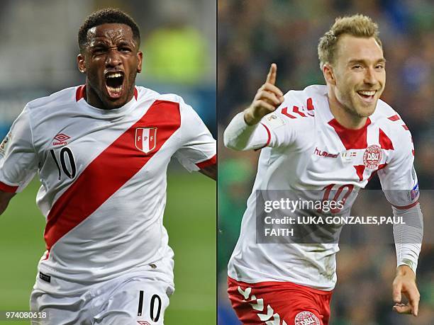 This combination of pictures created on June 14, 2018 shows Peru's Jefferson Farfan in Lima, Peru, on November 15 and Denmark's midfielder Christian...