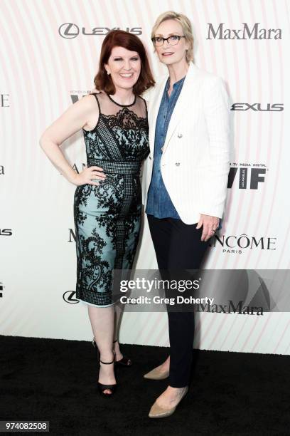 Kate Flannery and Jane Lynch attend Women In Film 2018 Crystal + Lucy Award at The Beverly Hilton Hotel on June 13, 2018 in Beverly Hills, California.