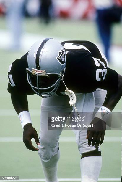 S: Defensive back Lester Hayes of the Oakland Raiders during pre-game warm-ups circa early 1980's before an NFL football game against the New England...
