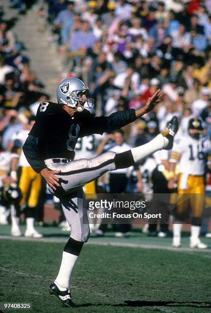 S: Punter Ray Guy of the Los Angeles Raiders in action punting against the Pittsburgh Steelers circa mid 1980's during a NFL football game at the Los...