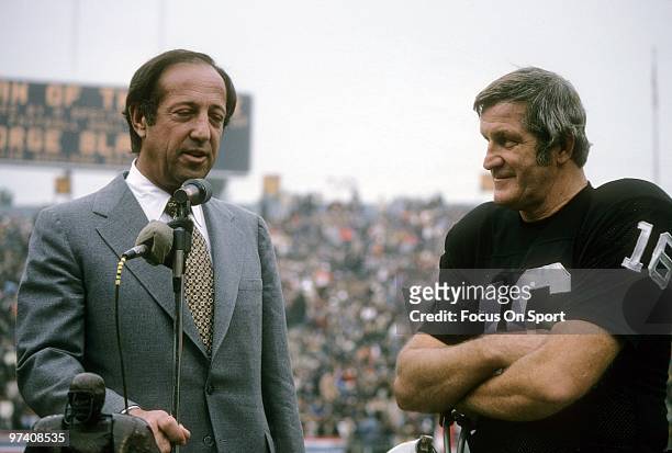 Quarterback/Kicker George Blanda of the Oakland Raiders, for being voted American Football player of the year is being presented with the "Bert Bell"...