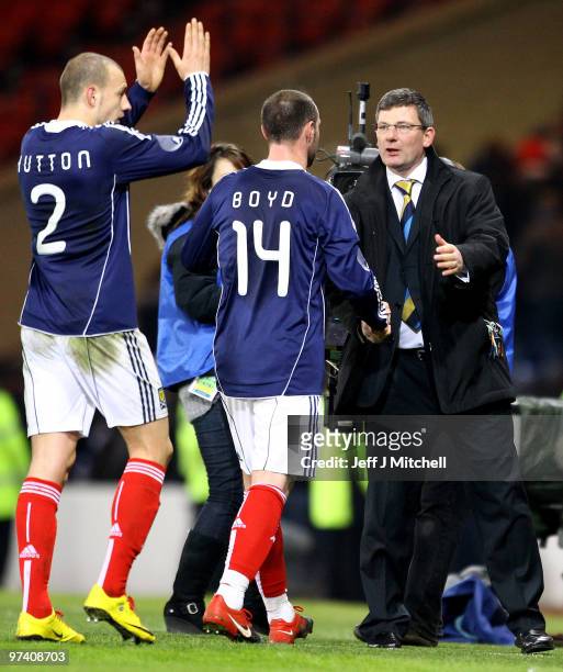 Craig Levein coach of Scotland shakes hands with Kris Boyd at the end of the International Friendly match between Scotland and the Czech Republic at...