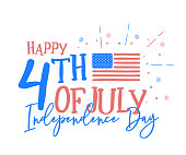 Hapy 4th of July, independence day with fun mix of doodle hand drawn and calligraphic text. Vector background banner for american national holiday with USA flag, text and fireworks