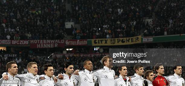 The German team is pictured prior to the International Friendly match between Germany and Argentina at the Allianz Arena on March 3, 2010 in Munich,...