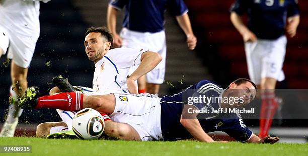 Scott Brown of Scotland is tackled by Tomas Sivok of Czech Republic during the International Friendly match between Scotland and the Czech Republic...