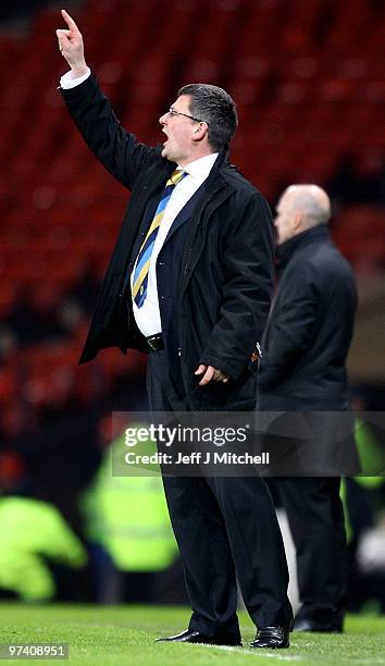 Scotland's head coach Craig Levein shouts from the touchline during the International Friendly match between Scotland and the Czech Republic at...