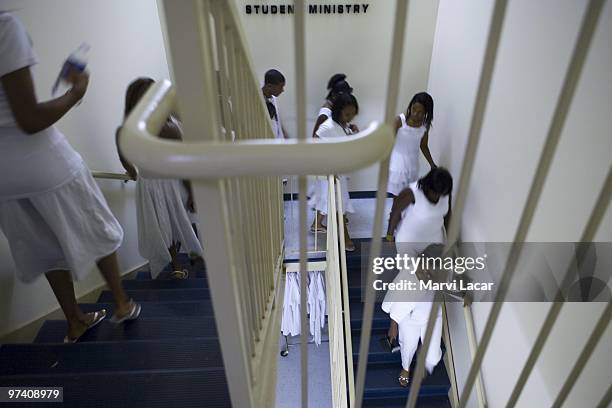 Teens head to the front of the church for the Purity Ring Ceremony at the Destiny World Church June 16, 2007 in Austell, Georgia. Young children,...