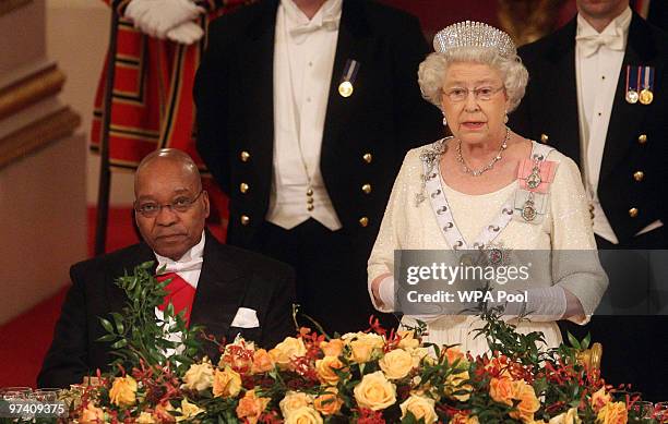 Queen Elizabeth II and President of South Africa Jacob Zuma attend a state banquet at Buckingham Palace on March 3, 2010 in London, England....