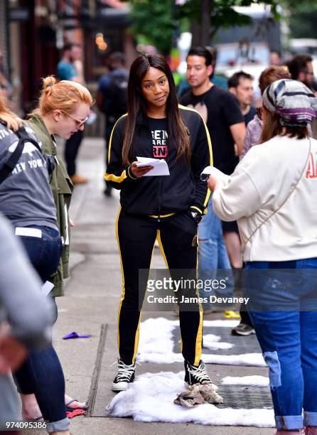 Tiffany Haddish seen on location for "The Kitchen" in the East Village on June 13, 2018 in New York City.