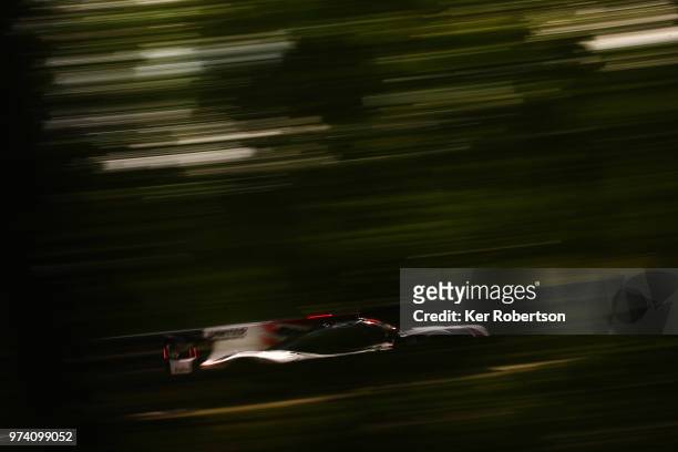 The United Autosports Ligier JSP217 of Philip Hanson, Felipe Albuquerque and Paul Di Resta drives during practice for the Le Mans 24 Hour race at the...