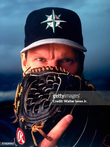 Closeup portrait of Seattle Mariners Randy Johnson with glove during spring training photo shoot at Peoria Stadium. Cover. Peoria, AZ 3/2/1997...