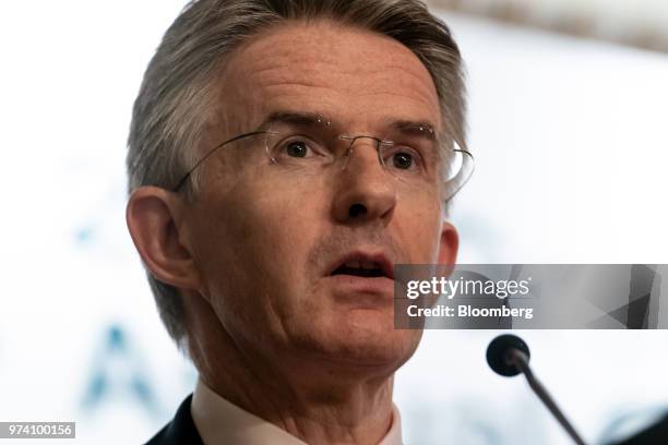 John Flint, chief executive officer of HSBC Holdings Plc, speaks during the Green and Social Bond Principles annual general meeting and conference in...