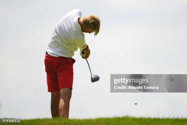 Sebastian Friedrichsen of Denmark lines up his tee shot on the 11th hole during the third round of the Toyota Junior Golf World Cup at Chukyo Golf...