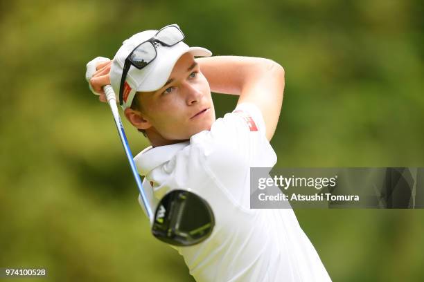 Rasmus Hojgaard of Denmark lines up his tee shot on the 3rd hole during the third round of the Toyota Junior Golf World Cup at Chukyo Golf Club on...