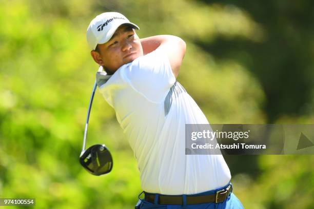 Federico Shin of Argentina hits his tee shot on the 3rd hole during the third round of the Toyota Junior Golf World Cup at Chukyo Golf Club on June...