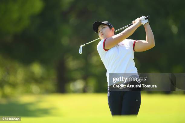 Choi Jiwoo of South Korea hits her second shot on the 1st hole during the third round of the Toyota Junior Golf World Cup at Chukyo Golf Club on June...