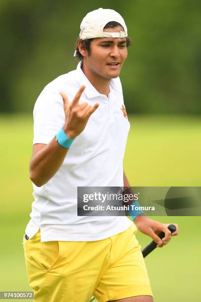 Eugenio Lopez-Chacarra Coto of Spain smiles during the third round of the Toyota Junior Golf World Cup at Chukyo Golf Club on June 14, 2018 in...