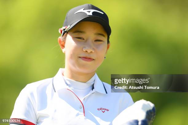 Uhm Kyuwon of South Korea smiles during the third round of the Toyota Junior Golf World Cup at Chukyo Golf Club on June 14, 2018 in Toyota, Aichi,...