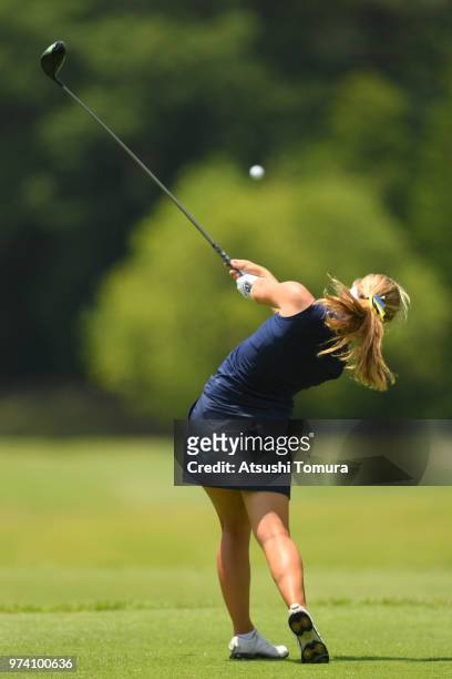 Ingrid Lindblad of Sweden hits her tee shot on the 11th hole during the third round of the Toyota Junior Golf World Cup at Chukyo Golf Club on June...