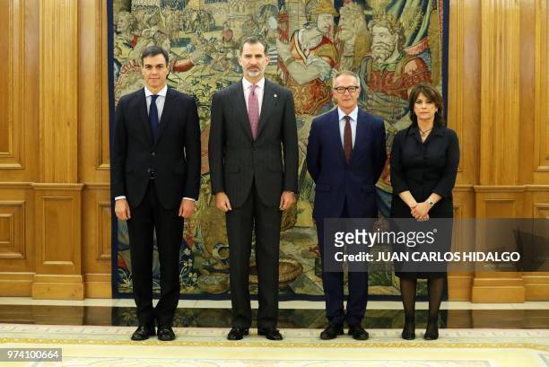 Newly appointed Spanish Minister of Culture and Sports Jose Guirao poses with Spanish Prime Minister Pedro Sanchez, Spain's King Felipe VI and...