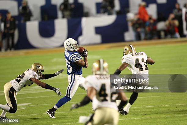 Pierre Garcon of the Indianapolis Colts makes a reception during Super Bowl XLIV against the New Orleans Saints at Sun Life Stadium on February 7,...