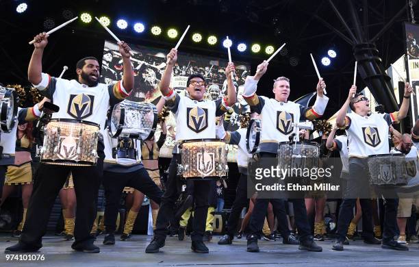 Members of the Vegas Golden Knights Knight Line Drumbots perform during the team's "Stick Salute to Vegas and Our Fans" event at the Fremont Street...