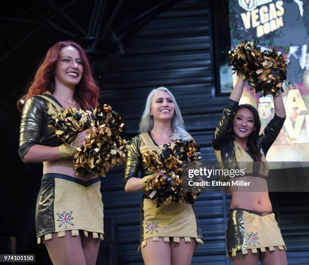 Members of the Vegas Golden Knights Golden Aces cheer during the team's "Stick Salute to Vegas and Our Fans" event at the Fremont Street Experience...