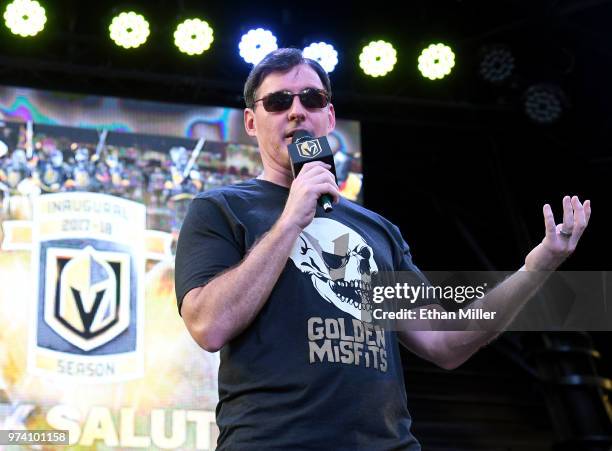 Vegas Golden Knights television play-by-play announcer Dave Goucher speaks during the team's "Stick Salute to Vegas and Our Fans" event at the...