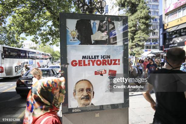 Billboard shows that election works of Justice and Development Party and main opposition Republican People's Party as election booths and tents...