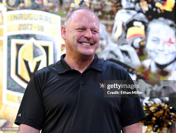 Head coach Gerard Gallant of the Vegas Golden Knights smiles during the team's "Stick Salute to Vegas and Our Fans" event at the Fremont Street...