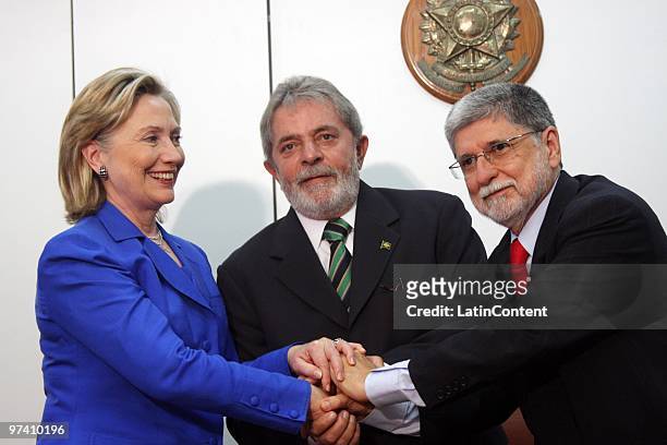 Secretary of State Hillary Rodham Clinton , Brazilian President Luis Inacio Lula da Silva and Foreign Affairs Minister of Brazil Celso Amorim during...