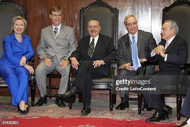 Secretary of State Hillary Rodham Clinton meets Brazilian Senate speaker Jose Sarney and Chamber of Deputies president Michel Temer at the Palacio do...