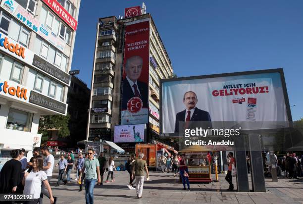 Election works of parties are seen at Kizilay square in Ankara, Turkey on June 13, 2018. Political party officers distributed brochures, make...