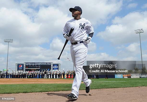 Designated hitter Marcus Thames of the New York Yankees takes the field against the Pittsburgh Pirates March 3, 2010 at the George M. Steinbrenner...