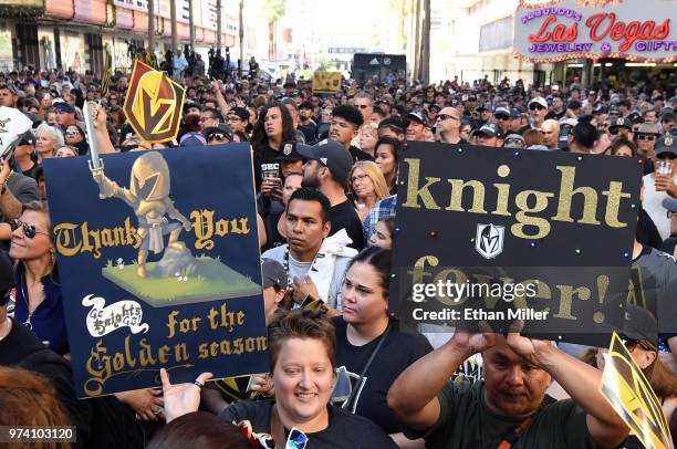 Fans, including Jeannette Hall of Nevada, attend the Vegas Golden Knights' "Stick Salute to Vegas and Our Fans" event at the Fremont Street...