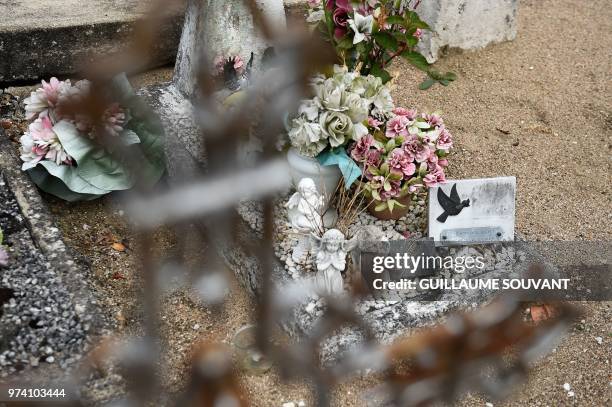 This picture taken on June 14, 2018 in Suevres shows the grave of an unidentified girl found dead and mutilated in a ditch of the A10 motorway near...