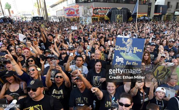 Jeannette Hall of Nevada holds up a sign thanking the Vegas Golden Knights as fans cheer during the team's "Stick Salute to Vegas and Our Fans" event...