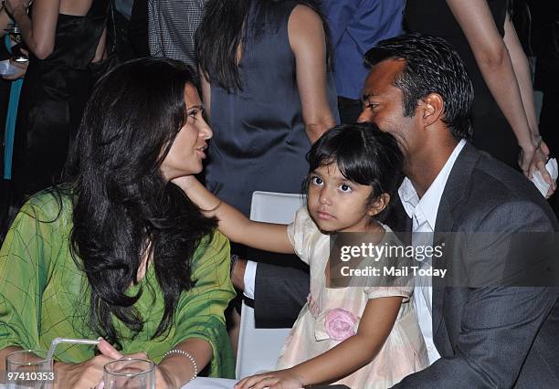 Leander Paes with wife Rhea and daughter at a party by GQ magazine in Mumbai on March 1, 2010.