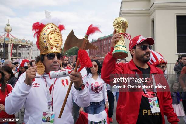 With hours to go until the first World Cup game between Russia and Saudi Arabia, Peruvian fans are in party mood near Red Square in Moscow on June...