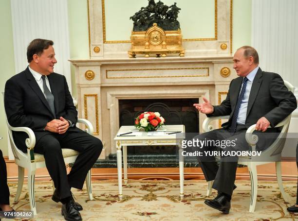 Russian President Vladimir Putin meets Panama's President Juan Carlos Varela at the Kremlin in Moscow on June 14, 2018.