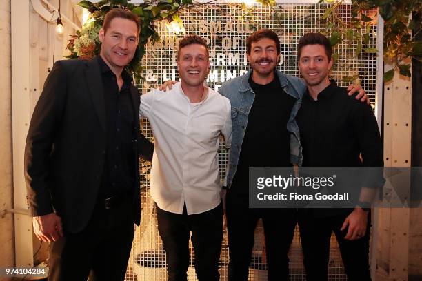 Thankyou co-founders Daniel Flynn and Jarryd Burns with Art Green and Ali Williams at the New Zealand launch of Thankyou at Everybody's on June 14,...