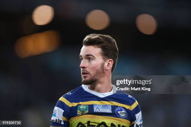 Clint Gutherson of the Eels looks on during the round 15 NRL match between the Parramatta Eels and the South Sydney Rabbitohs at ANZ Stadium on June...