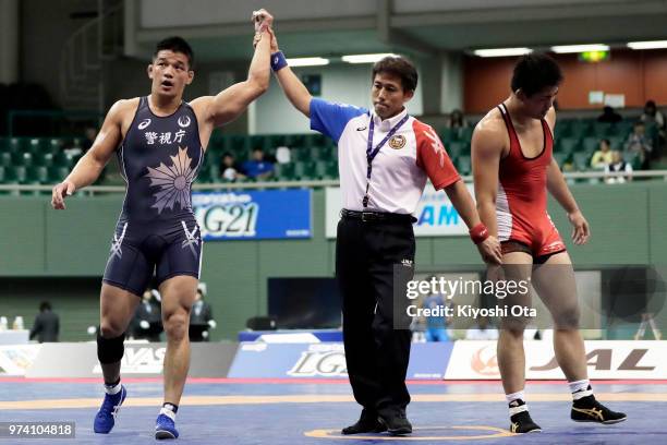 Atsushi Matsumoto reacts after winning the Men's Freestyle 92kg final against Takashi Ishiguro on day one of the All Japan Wrestling Invitational...