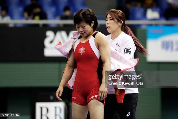 Saori Yoshida is seen while Mayu Mukaida competes against Saki Igarashi in the Women's 55kg final on day one of the All Japan Wrestling Invitational...