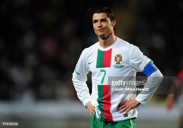 Cristiano Ronaldo of Portugal looks at the linesman during the International Friendly match between Portugal and Republic of China at the City of...