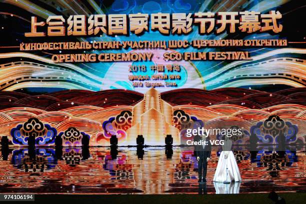 Actor Huang Xiaoming and actress Jelly Lin Yun attend the opening ceremony of the 1st Shanghai Cooperation Organisation Film Festival on June 13,...